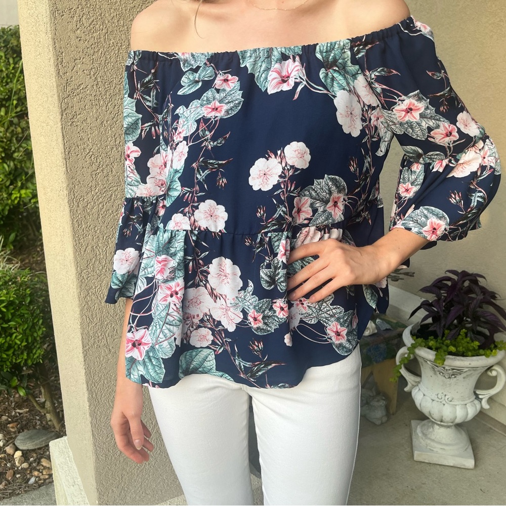 Spring top from ana. Size S. Blue floral chiffon & elastic off the shoulder neck